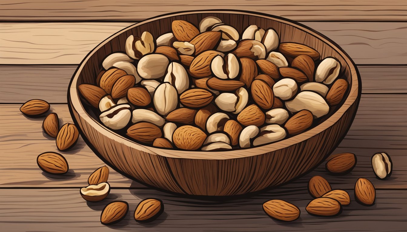 A wooden bowl filled with an assortment of mixed nuts, including almonds, walnuts, and cashews, sits on a rustic table