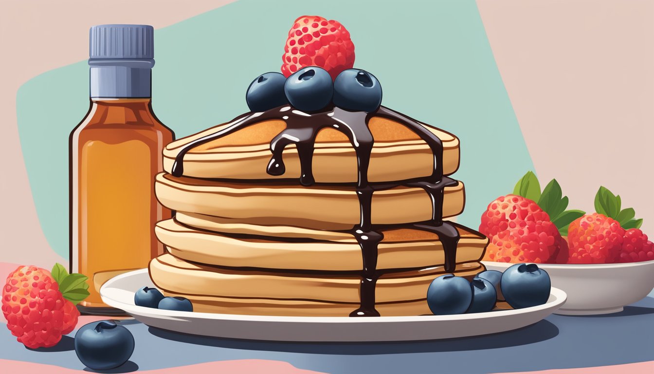 A stack of pancakes with a bottle of Smuckers Sugar-Free Breakfast Syrup next to it, surrounded by fresh berries and a drizzle of syrup on top