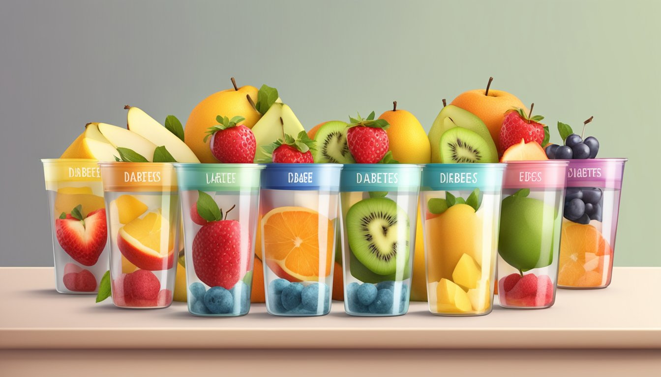 A table with 5 colorful, sugar-free fruit cups arranged neatly, surrounded by fresh fruits and a diabetes-friendly label