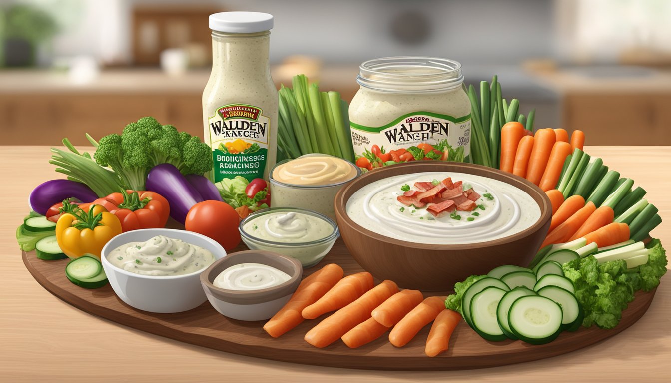 A jar of Walden Farms Bacon Ranch Dressing surrounded by various fresh vegetables and a bowl of dip, all arranged on a wooden serving platter