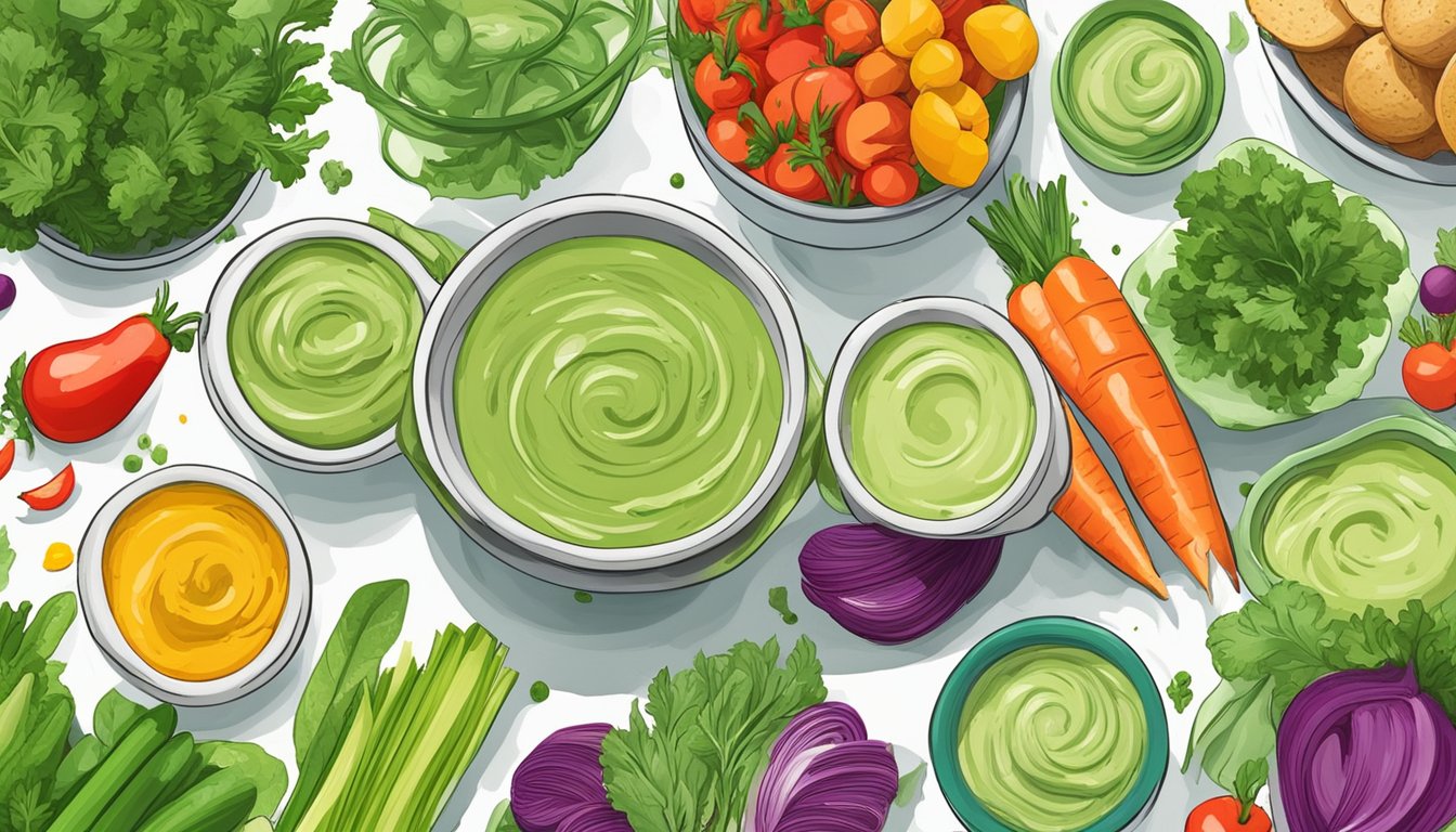 A vibrant bowl of Primal Kitchen Green Goddess Dressing surrounded by colorful, fresh vegetables, showcasing the 9 best sugar-free dips for diabetics