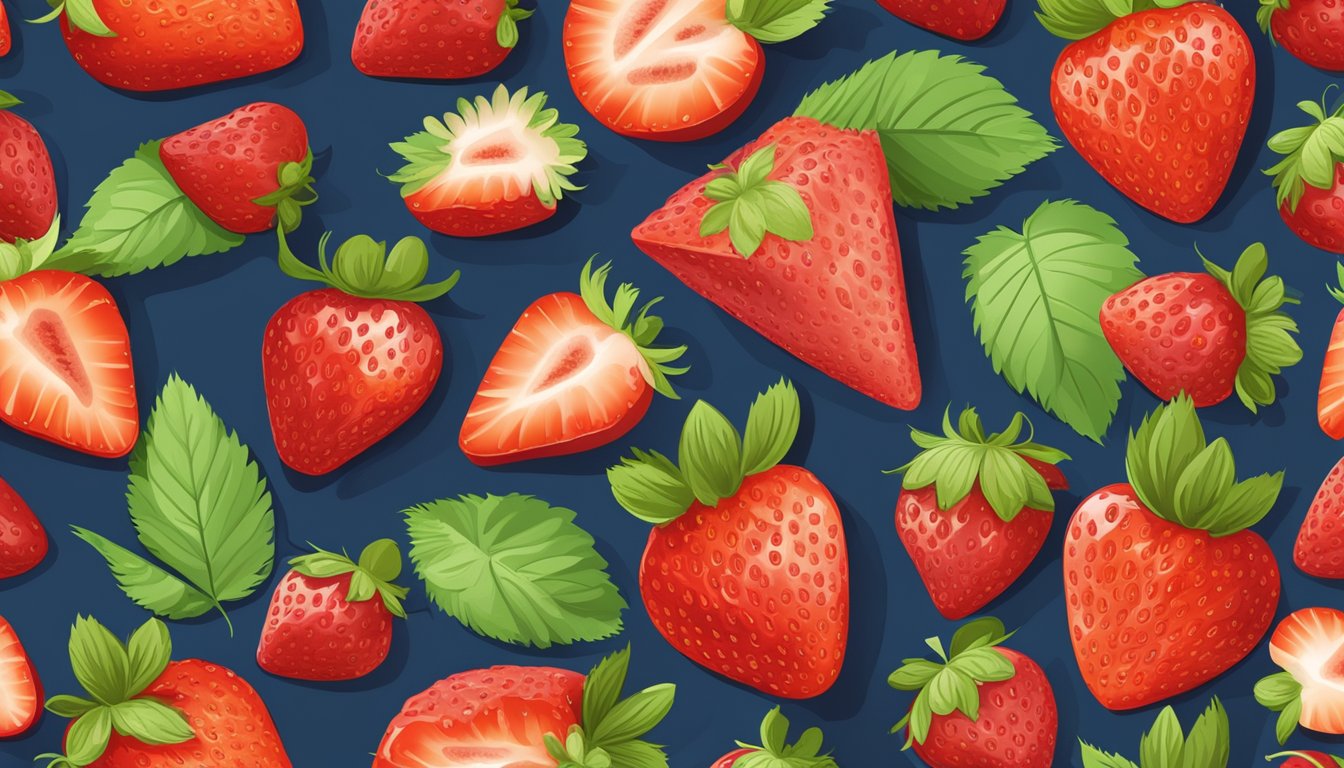 A colorful display of 5 strawberry fruit bars surrounded by fresh strawberries and leaves