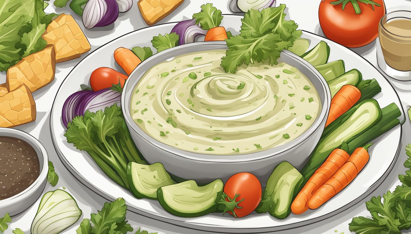 A bowl of Caesar dressing surrounded by various fresh vegetables and dipping options