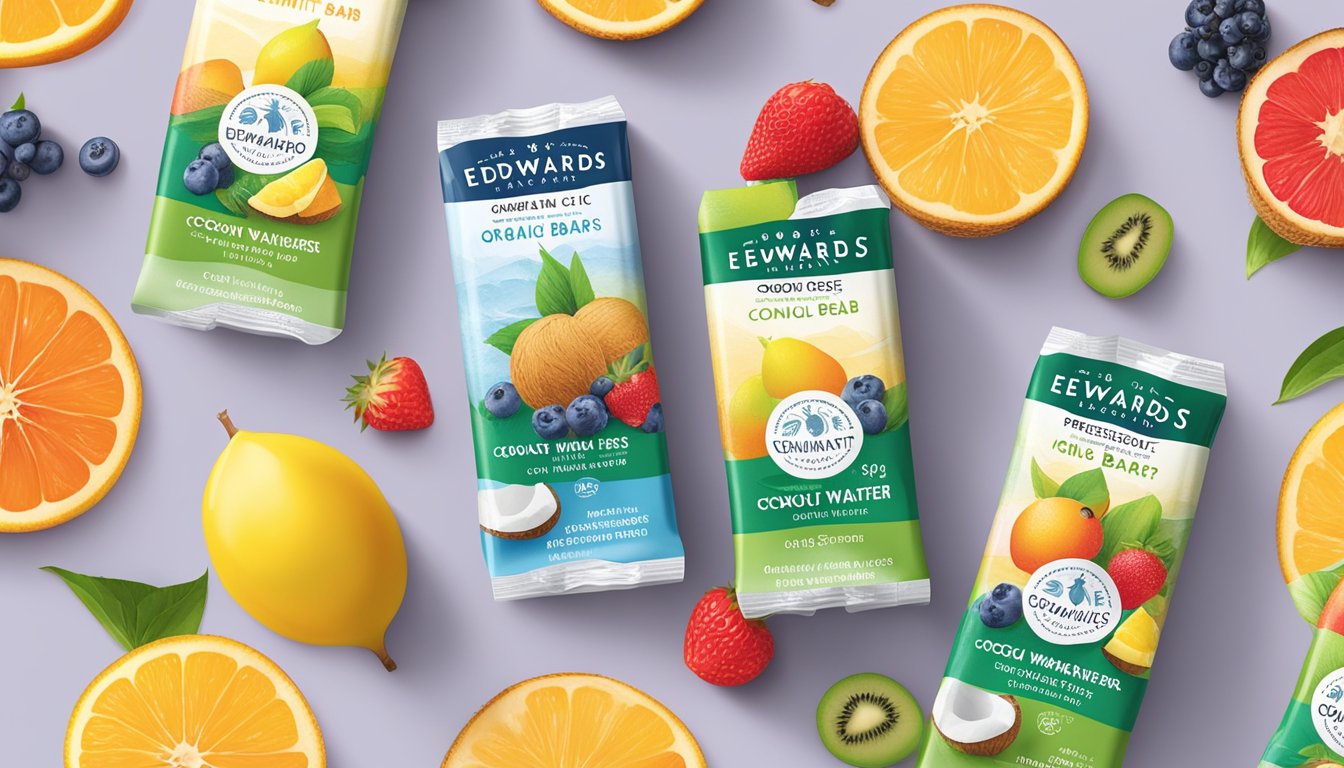 A refreshing scene of Edwards & Sons Organic Coconut Water Ice Bars surrounded by vibrant fruits and a diabetic-friendly label