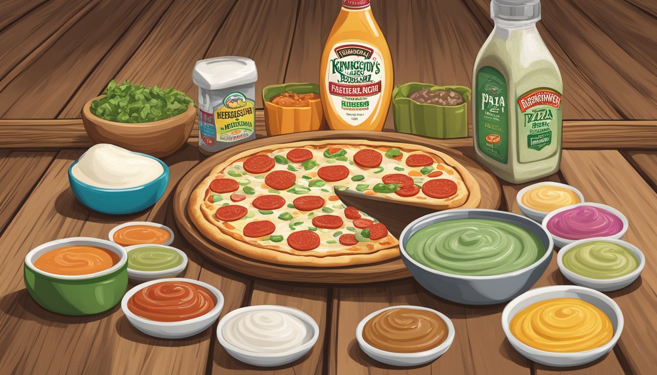 A rustic wooden table with a bottle of Sir Kensington's Pizza Ranch Dressing surrounded by colorful bowls of sugar-free dips