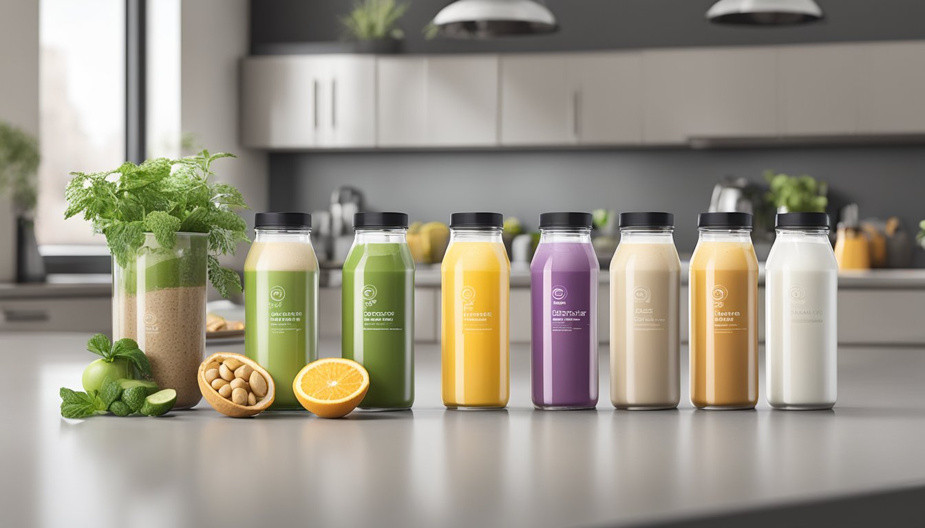 A variety of low-carb protein shake bottles arranged on a sleek, modern countertop