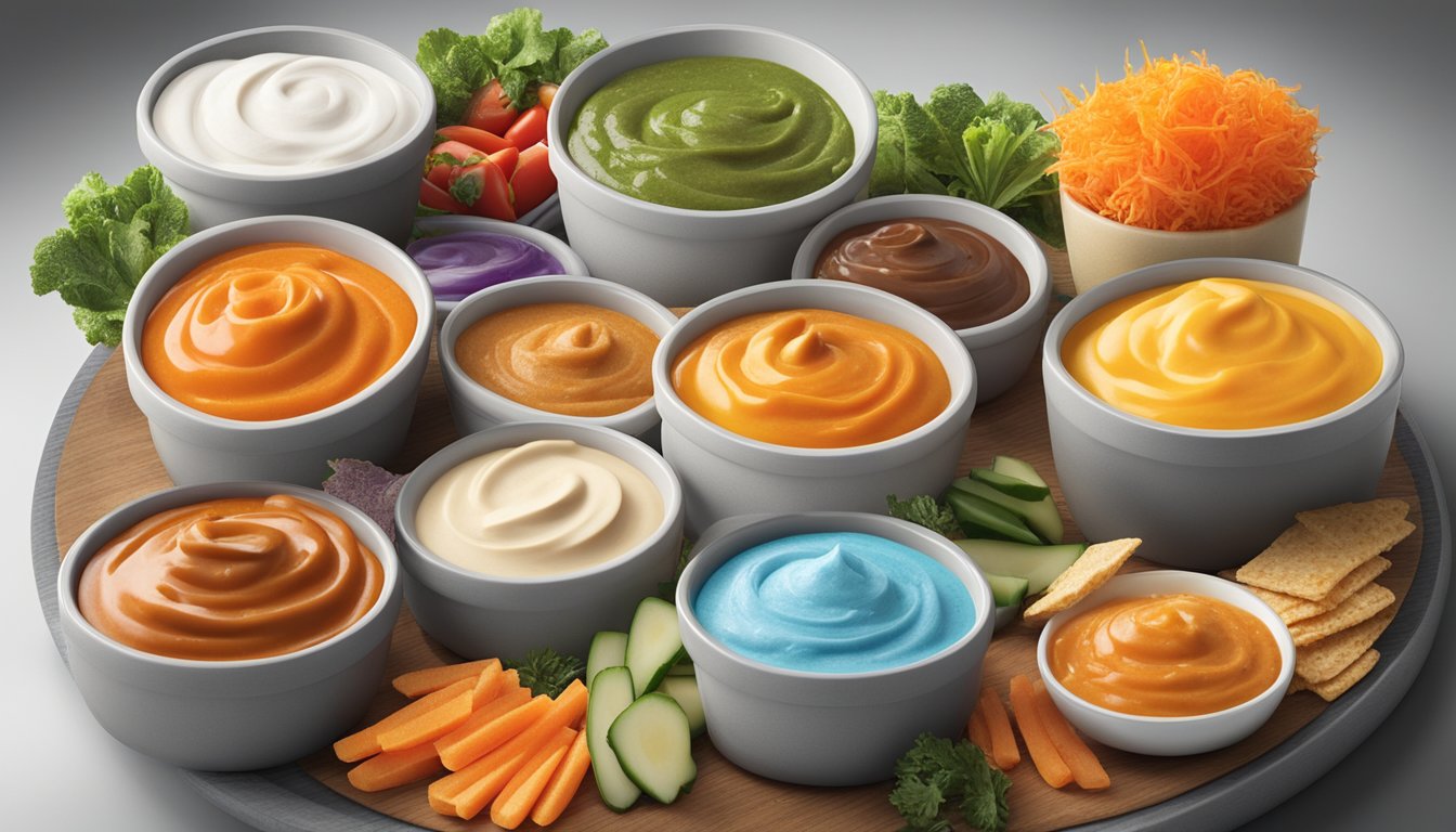 A table with a variety of colorful and appetizing sugar-free dips, including The New Primal Mild Buffalo Sauce, arranged in an inviting display