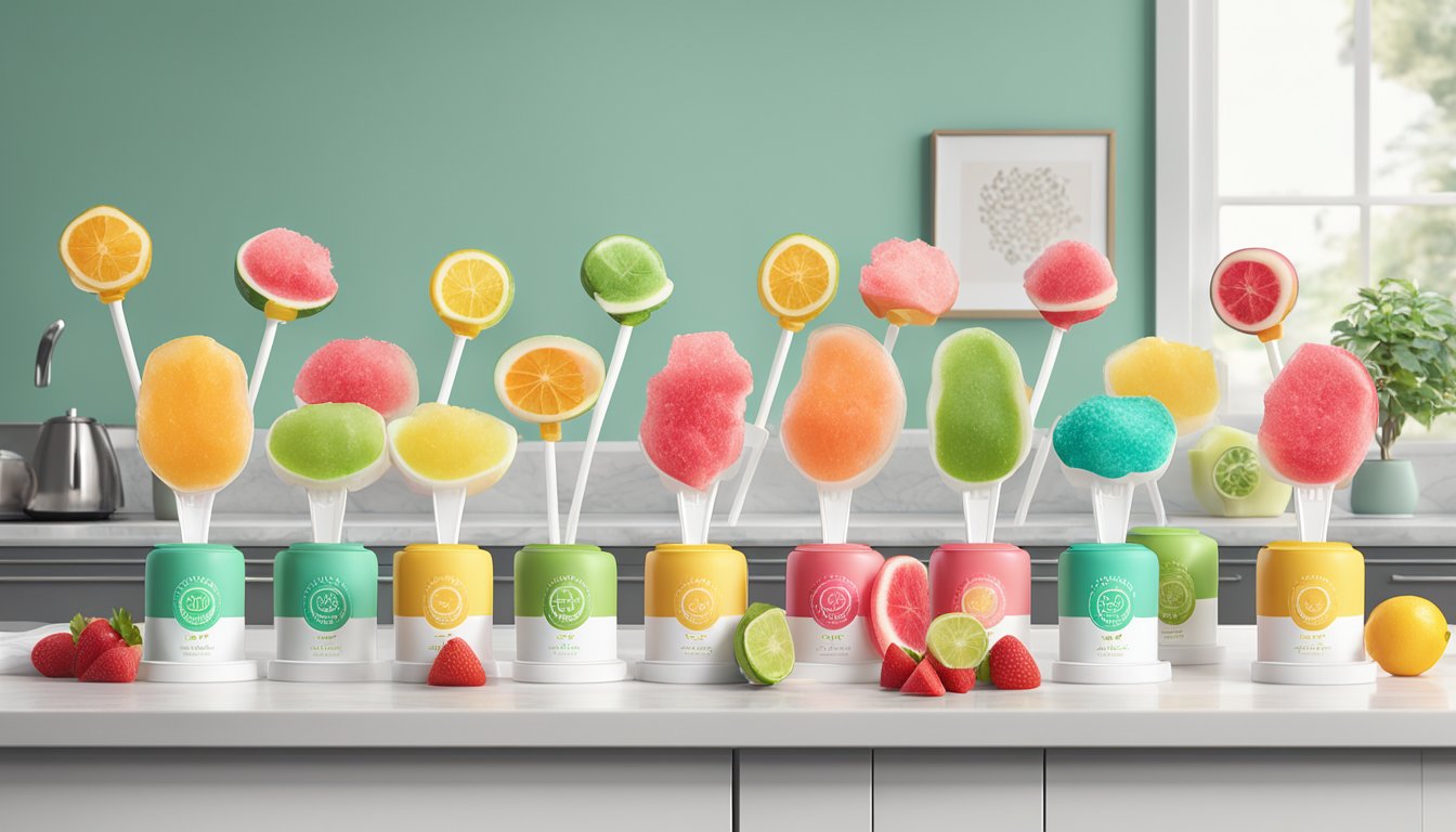 A colorful assortment of Halo Top Fruit Pops, including the watermelon flavor, arranged on a clean, modern kitchen counter