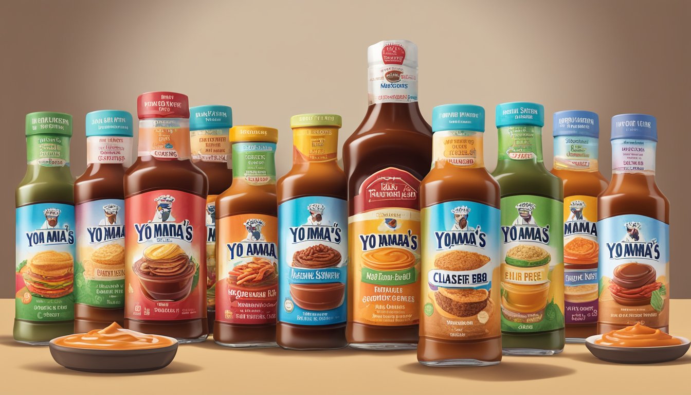 A bottle of Yo Mama's Classic BBQ Sauce surrounded by 9 different sugar-free dips, arranged in an appealing display