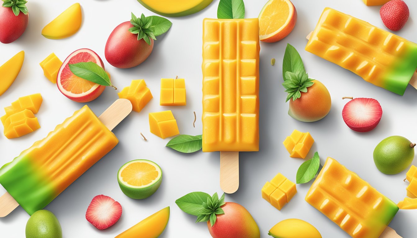 A vibrant display of 5 GoodPop Fruit Pops Mango bars surrounded by fresh mangoes and other colorful fruits on a clean, white surface