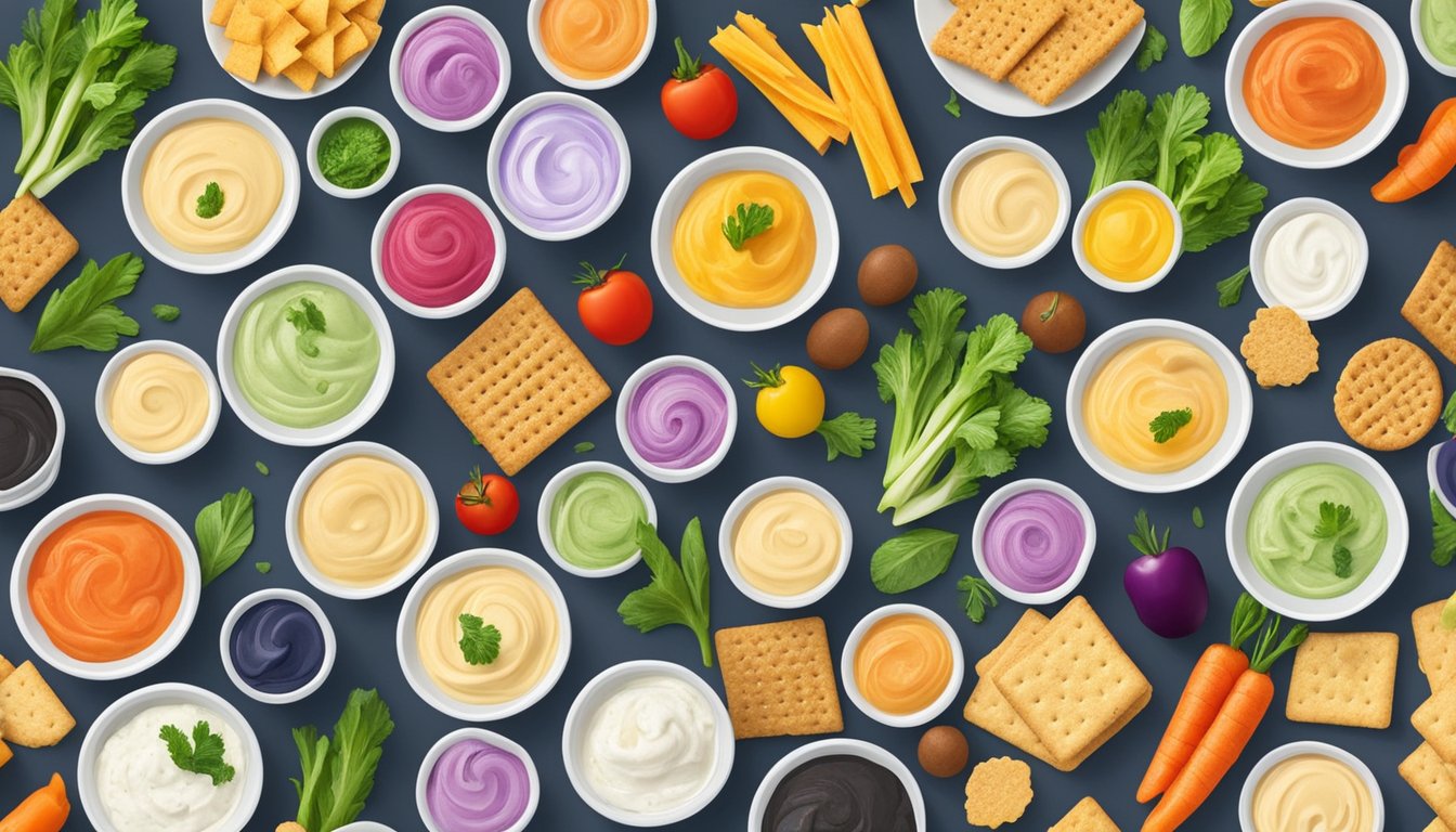 A table with a variety of colorful and appetizing sugar-free dips, including Chosen Foods Keto Mayo, displayed in small bowls with fresh vegetables and crackers arranged around them