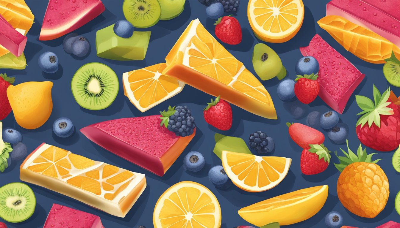 A colorful array of frozen fruit bars, surrounded by fresh fruits and a measuring tape, showcasing their diabetic-friendly and nutritious qualities