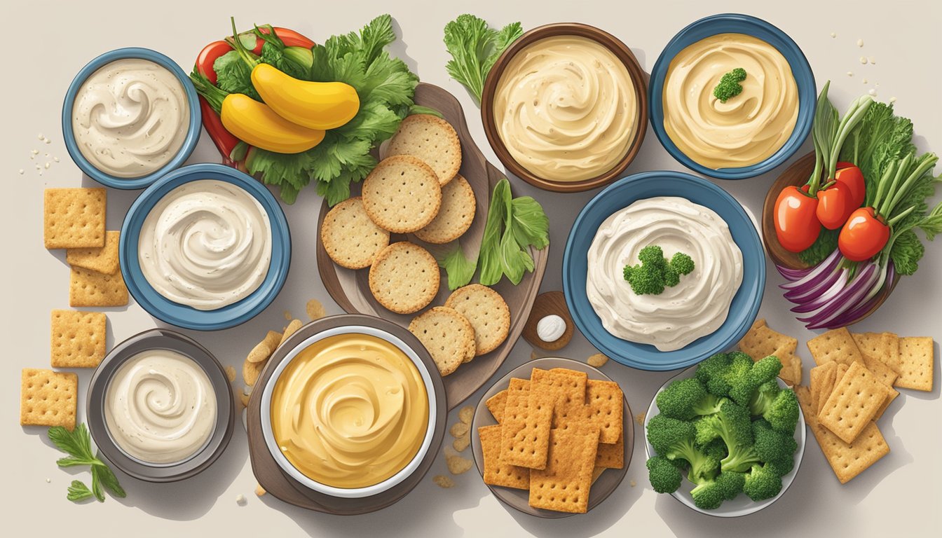 A table set with various bowls of sugar-free dips, including Annie's Organic Horseradish Mustard, surrounded by fresh vegetables and crackers