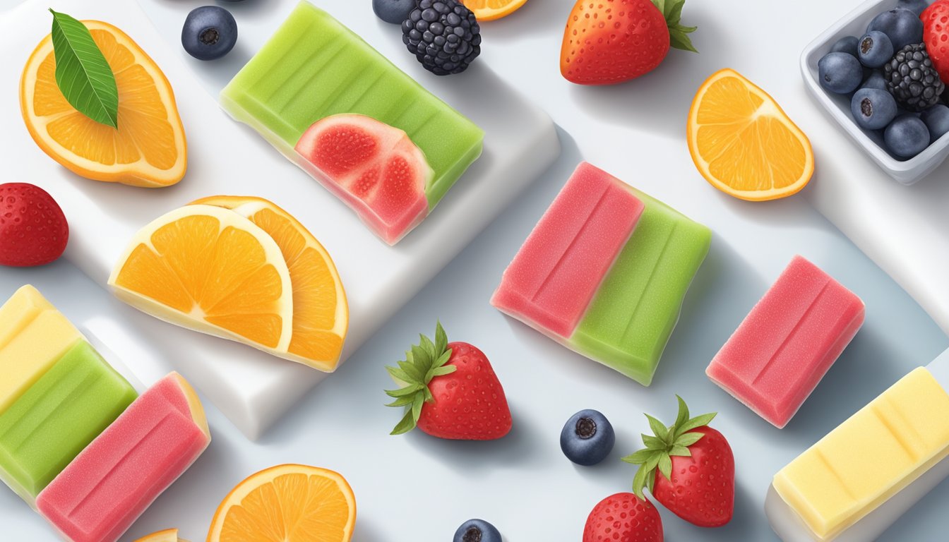 A variety of colorful frozen fruit bars arranged on a white table, surrounded by fresh fruits and a label indicating "diabetic-friendly."