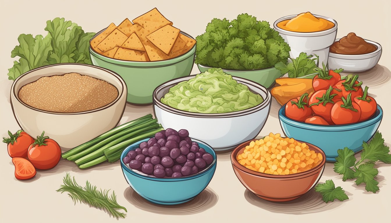 A table spread with an array of colorful bowls filled with various sugar-free dips, surrounded by fresh vegetables and whole grain crackers