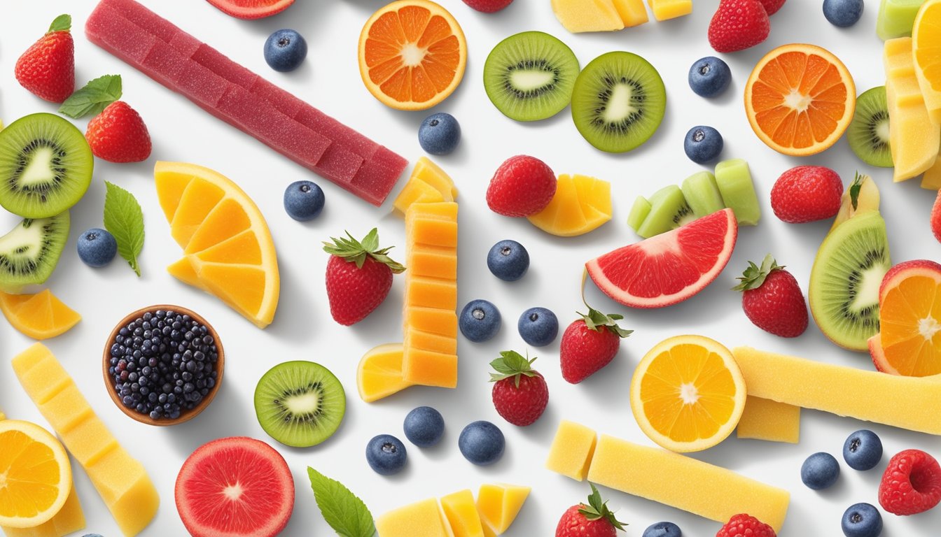 A colorful array of frozen fruit bars arranged on a clean, white surface, surrounded by fresh fruit and a measuring tape, symbolizing a balanced diabetic meal plan