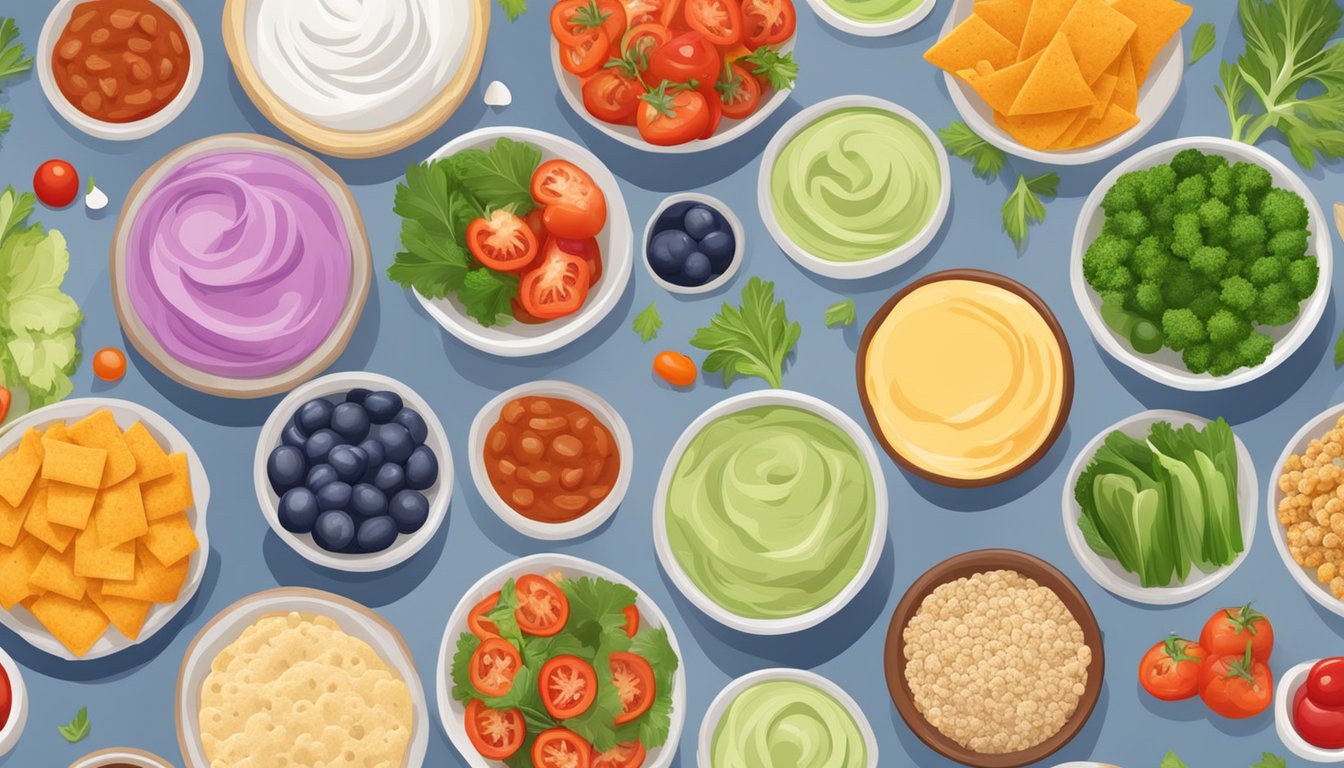 A table with 9 bowls of colorful, sugar-free dips surrounded by fresh vegetables and whole grain crackers