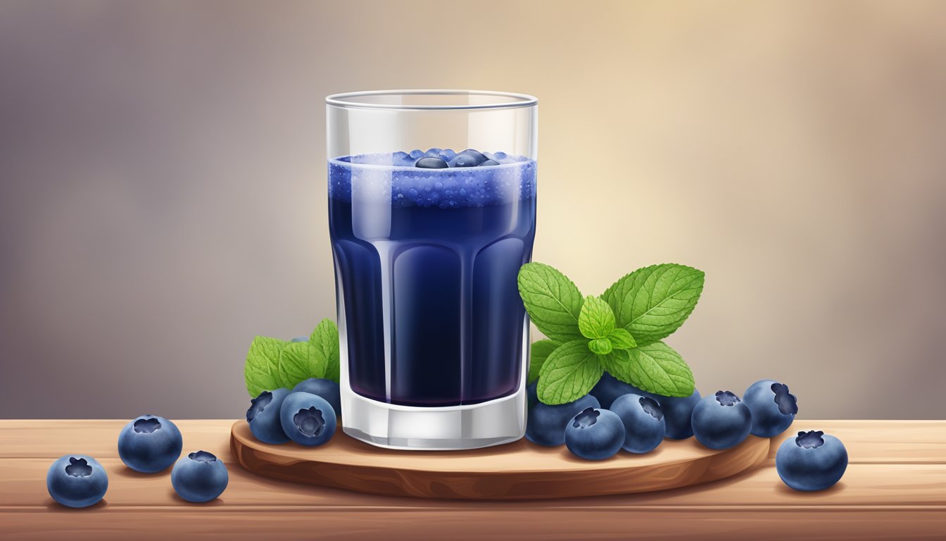 A glass of Brasilia Blueberry juice surrounded by fresh blueberries and a sprig of mint on a wooden table