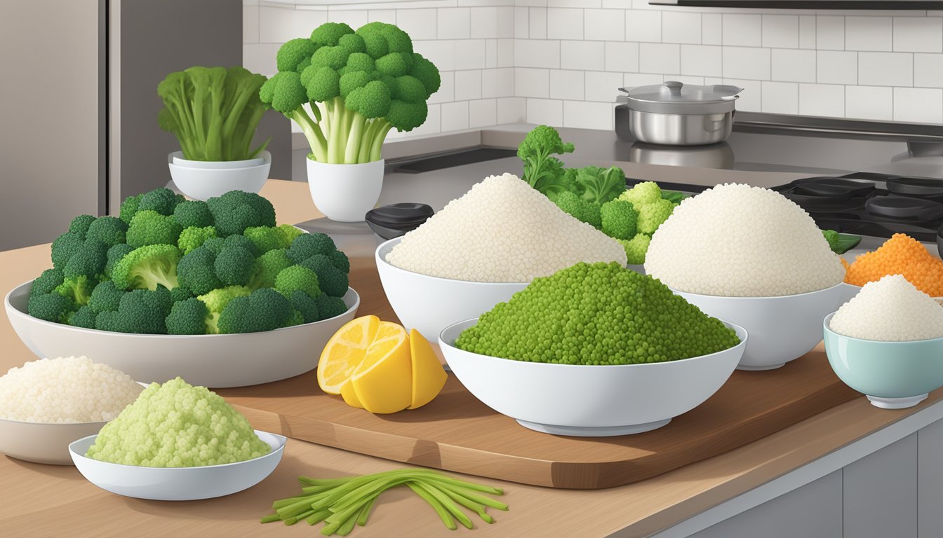 A colorful display of various low-carb rice alternatives, including cauliflower rice, broccoli rice, and Shirataki rice, arranged on a clean, modern kitchen countertop