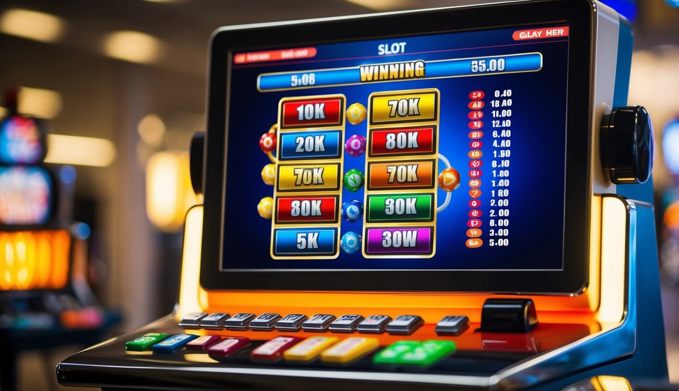 Mesin slot online yang berwarna-warni dengan kombinasi kemenangan yang ditampilkan di layar