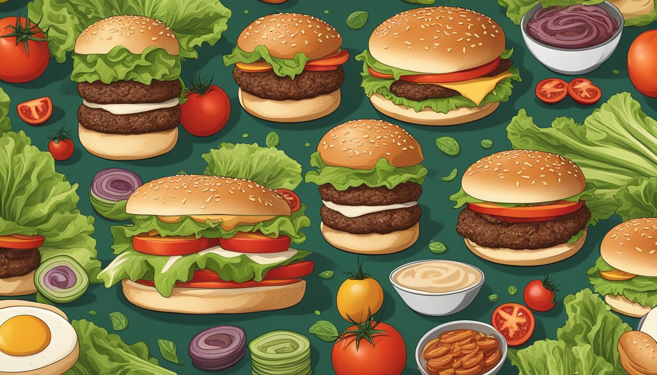 A table set with a variety of Unbun Plant-Based Burger Buns, surrounded by fresh lettuce, tomatoes, and other burger toppings