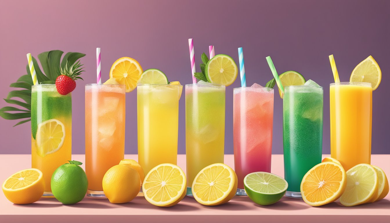 A refreshing glass of Tropicana Light Lemonade surrounded by six other colorful sugar-free juice options, all neatly arranged on a bright, sunlit table