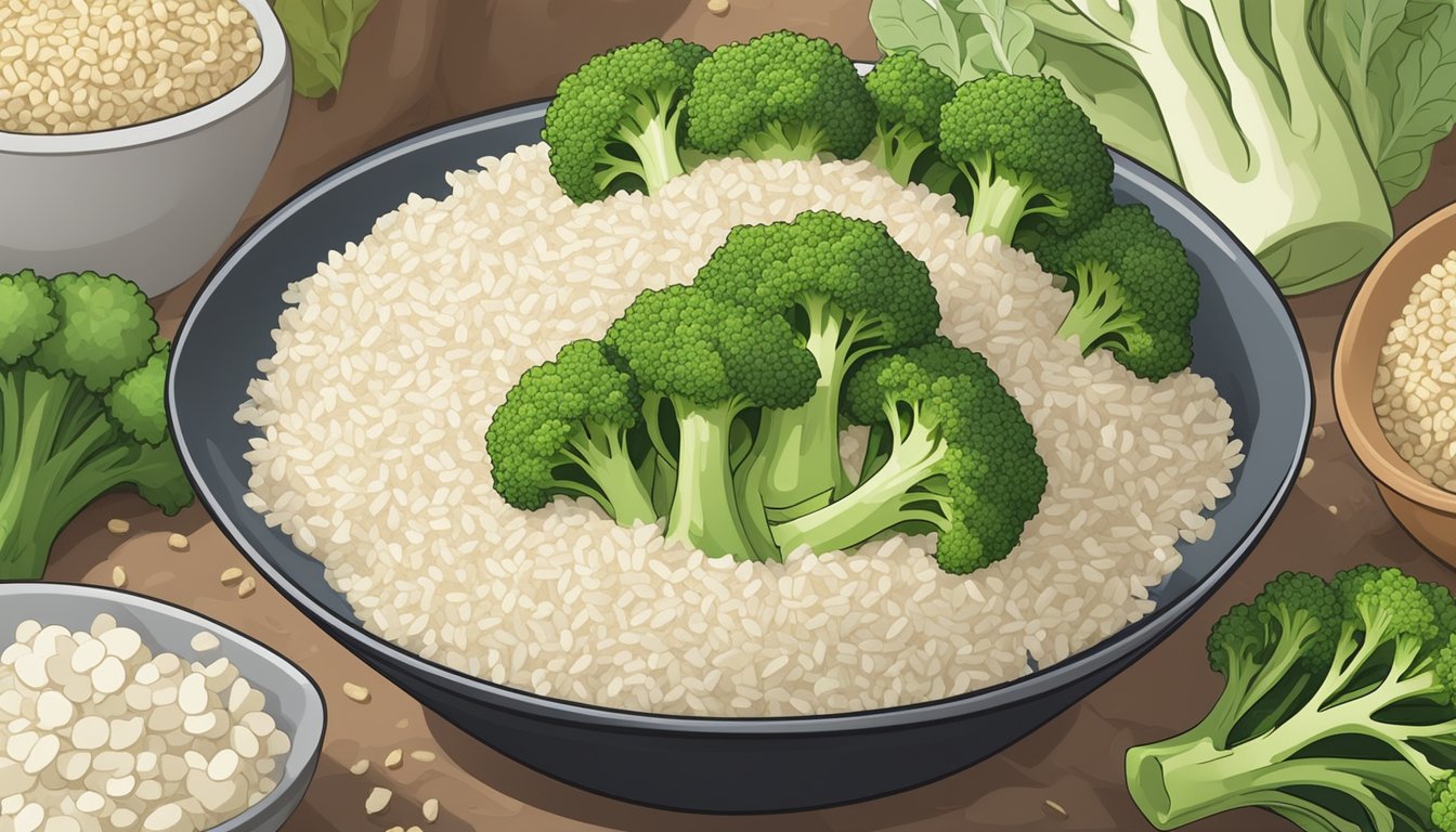 A bowl of broccoli rice surrounded by five different low-carb rice alternatives, such as cauliflower rice, shirataki rice, and quinoa