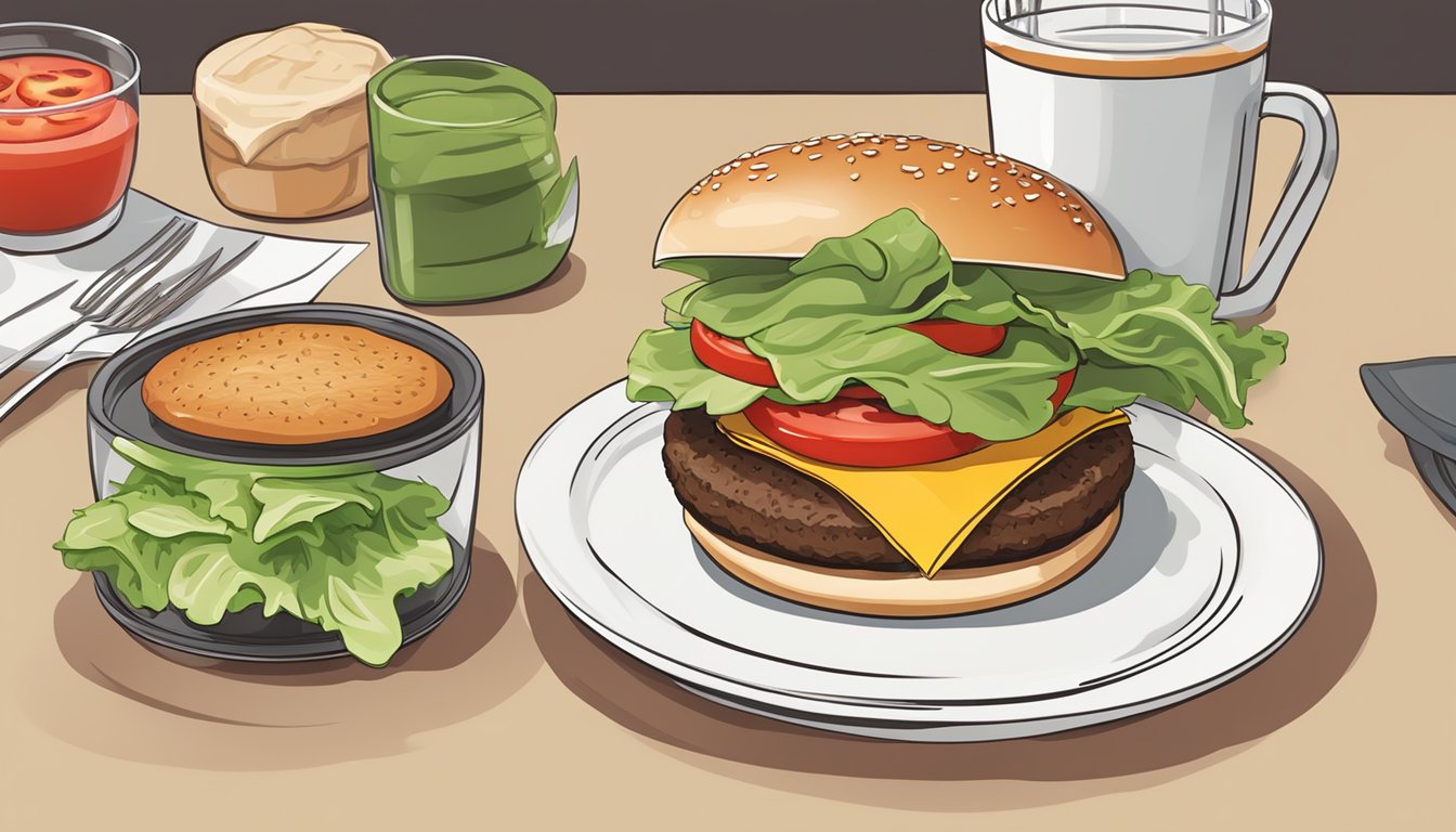 A table set with a plate holding a Barely Bread Low Carb Burger Bun, surrounded by fresh lettuce, tomato, and a grilled burger patty