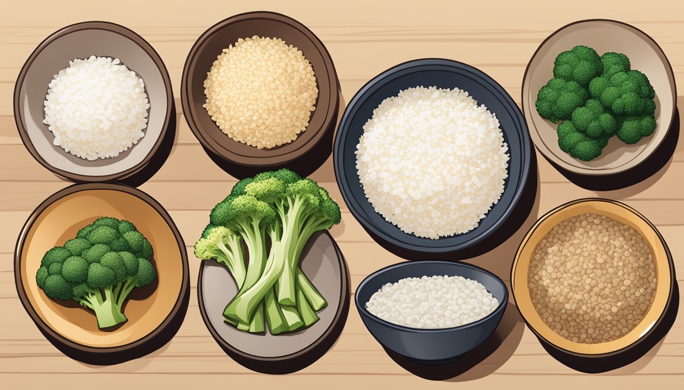 A table with 5 bowls of low-carb rice alternatives: cauliflower rice, shirataki rice, konjac rice, broccoli rice, and quinoa