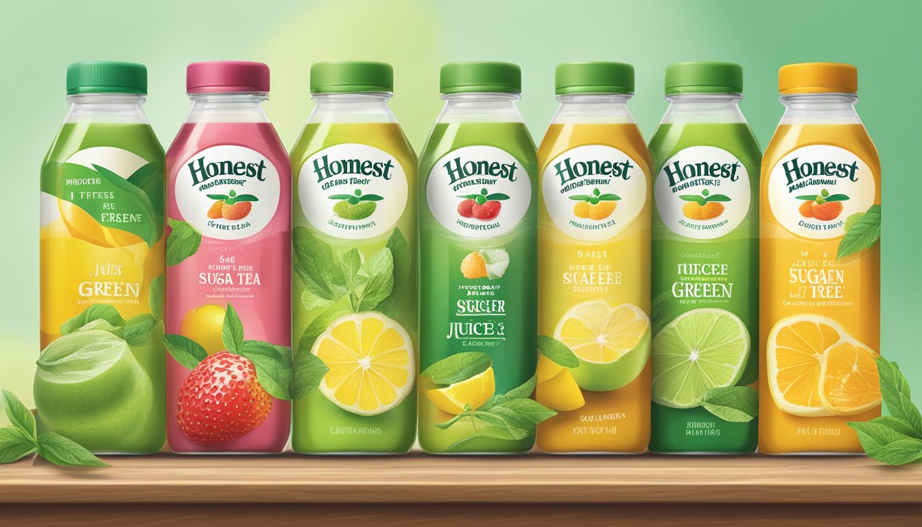 A table with 7 different bottles of sugar-free juice, with the Honest Tea Just Green Tea prominently displayed in the center