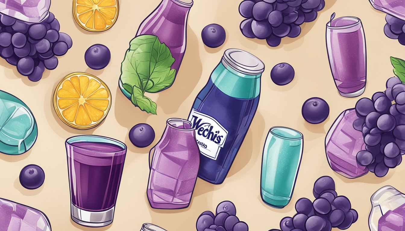 A glass of Welch's Light Concord Grape Juice surrounded by six other sugar-free juice options for diabetics