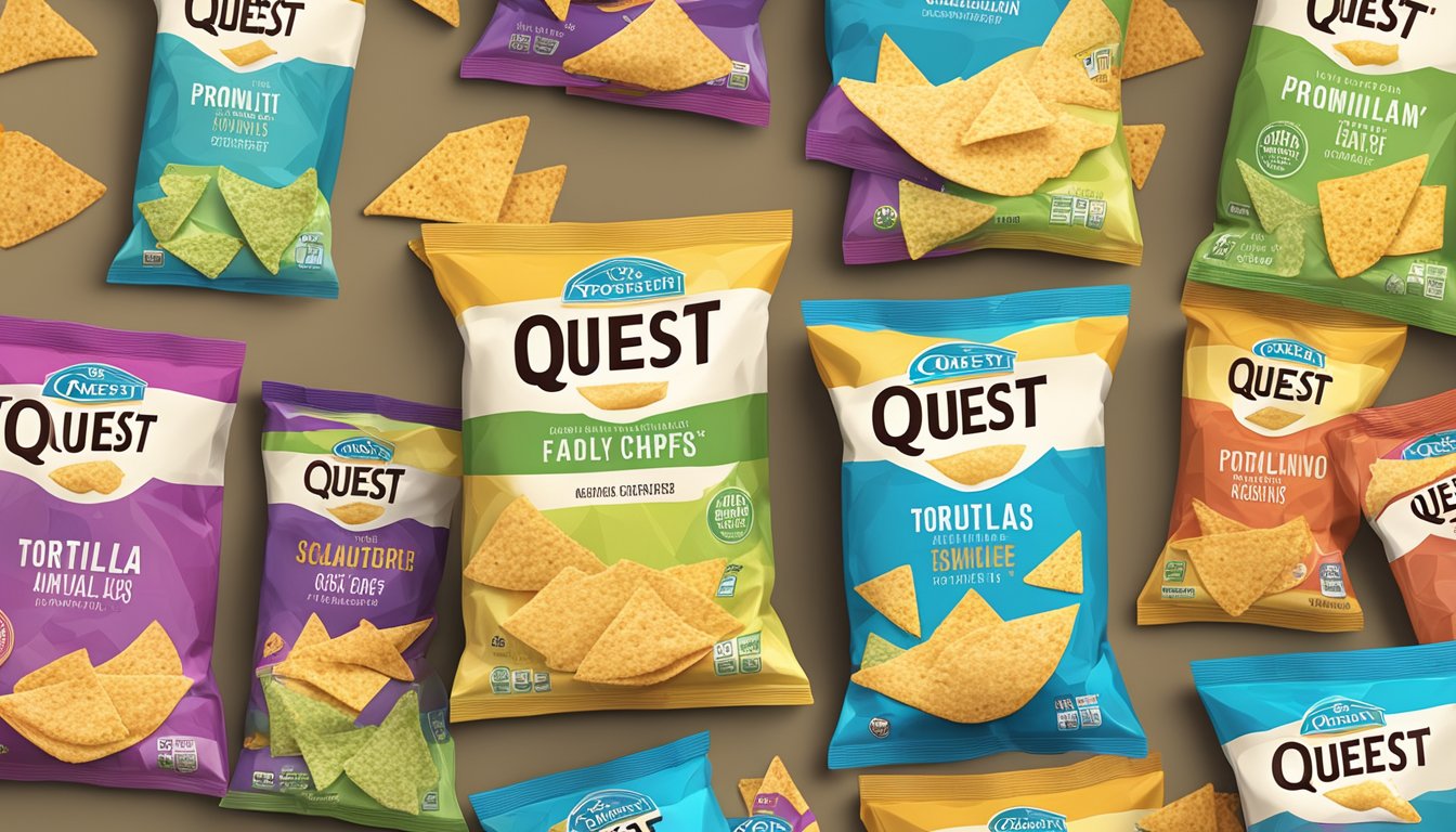 A colorful array of low-carb tortilla chips arranged on a table, with the packaging of Quest Nutrition prominently displayed