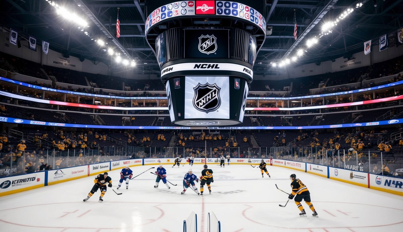 Sebuah arena hoki dengan logo NHL, pemain yang sedang beraksi, dan penggemar yang bersorak di tribun