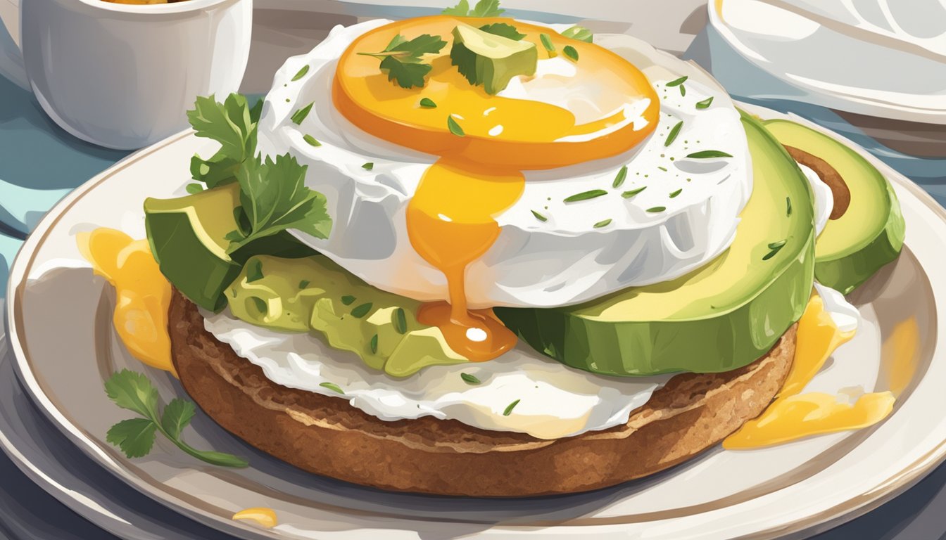 An open-faced breakfast sandwich on a whole grain English muffin with sliced avocado and a poached egg