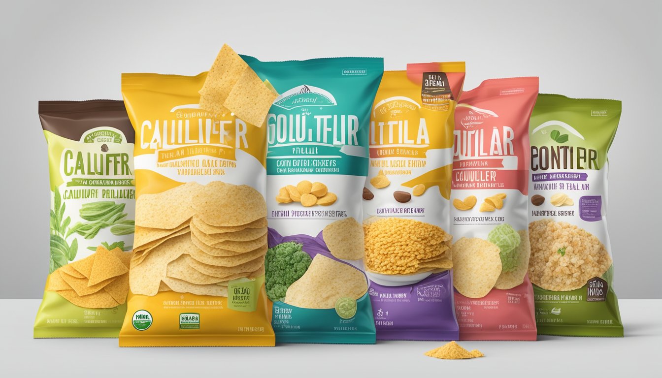 A colorful display of Real Food From The Ground Up Cauliflower Tortilla Chips surrounded by other low-carb options, with a focus on the product's packaging and ingredients