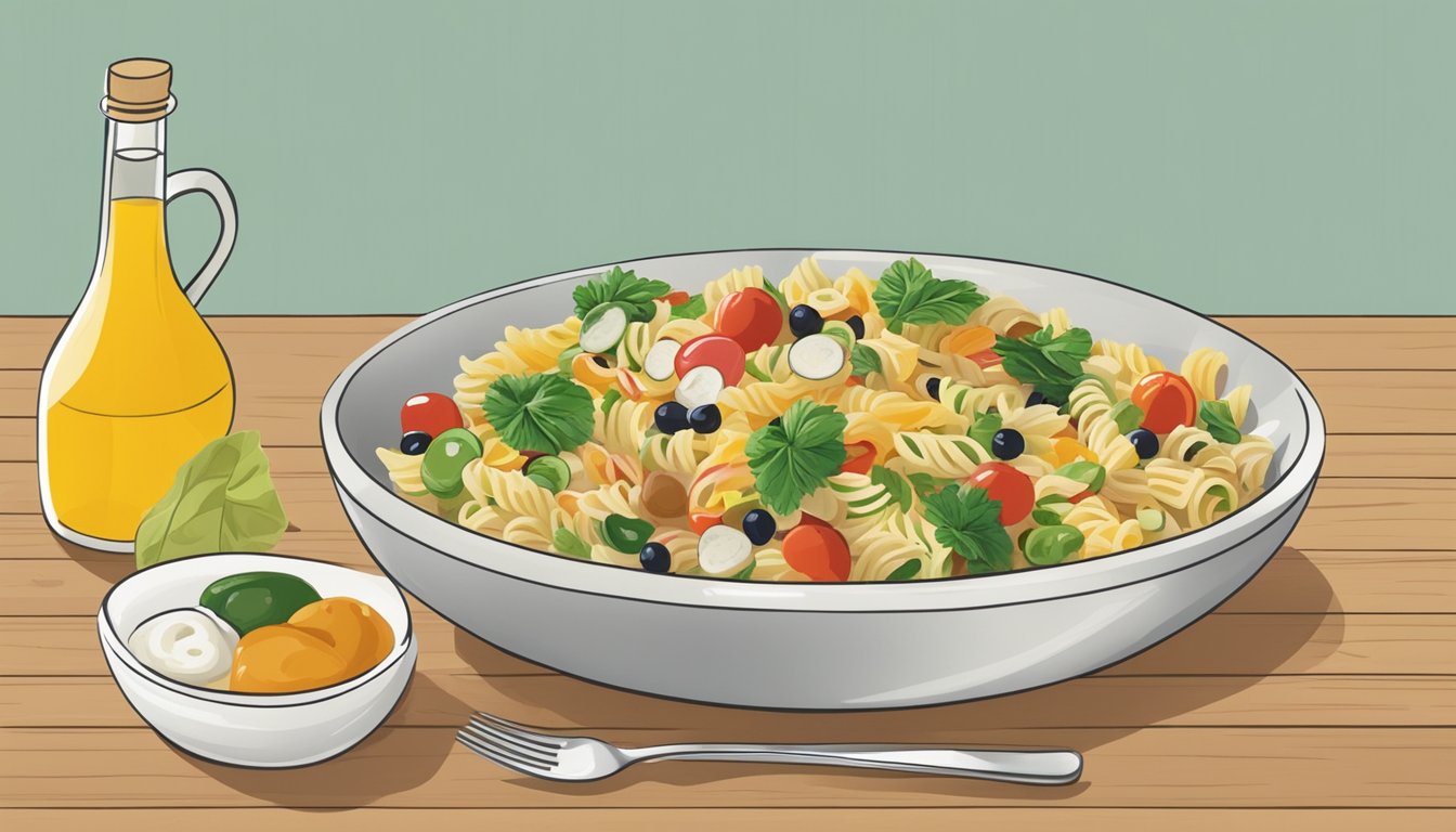 A bowl of pasta salad with Annie's Organic Sherry Vinaigrette and other sugar-free dressings on a wooden table