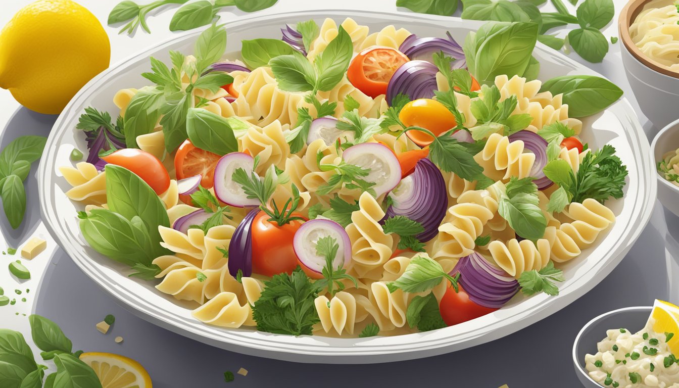 A bowl of pasta salad with Tessemae’s Organic Lemon Garlic Dressing surrounded by fresh vegetables and herbs