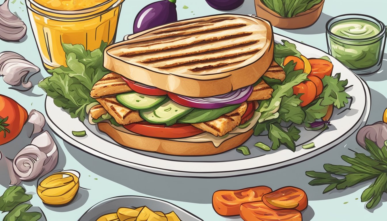 A colorful panini filled with grilled chicken and veggies, surrounded by fresh ingredients and a vibrant background