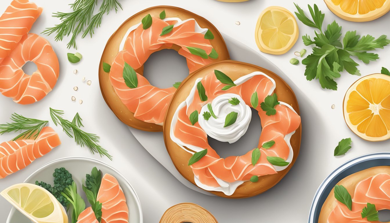 A whole wheat bagel topped with smoked salmon and cream cheese, surrounded by fresh ingredients