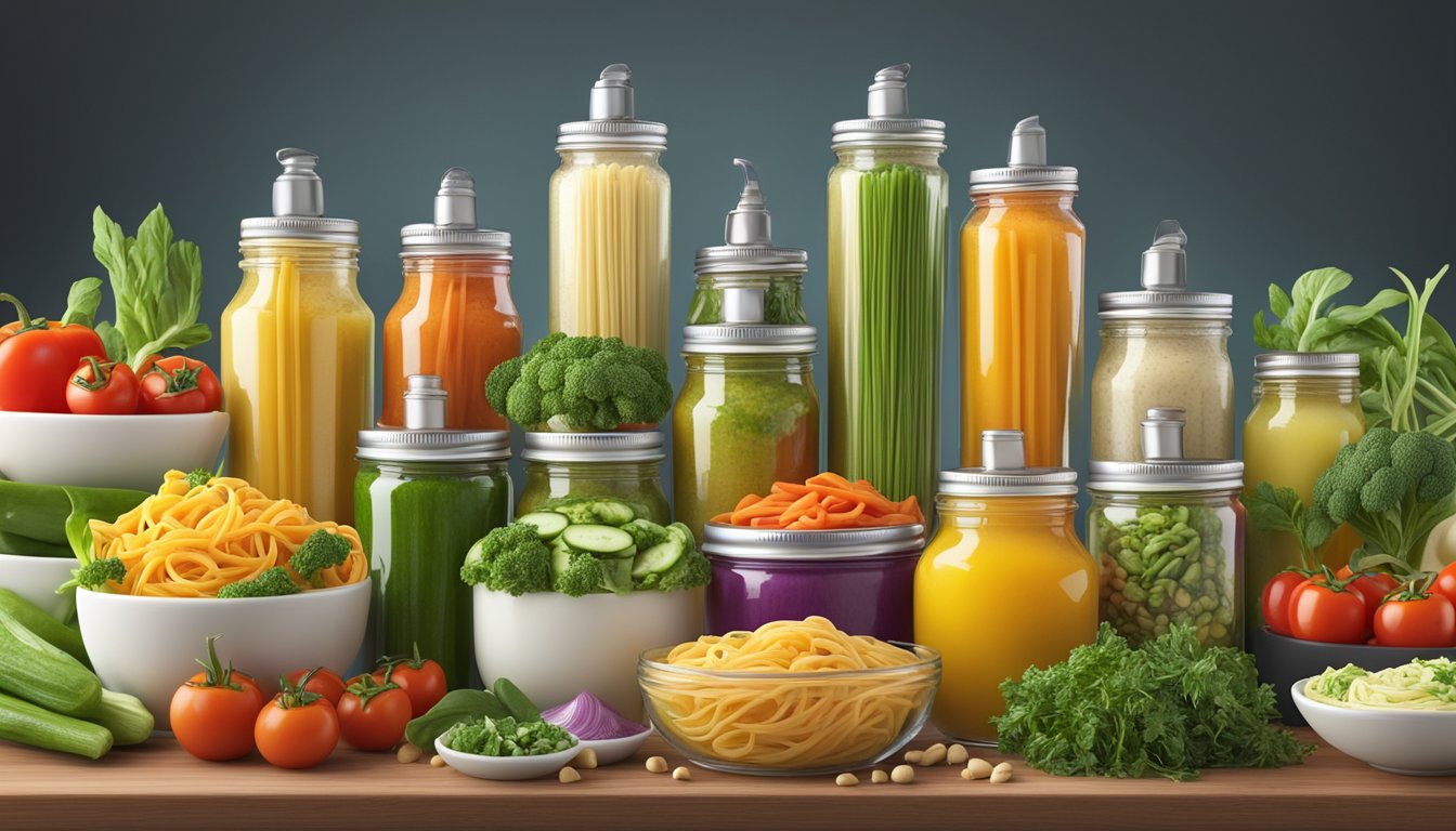 A colorful array of fresh vegetables and herbs surround a variety of sugar-free pasta salad dressings, each labeled with their diabetic-friendly ingredients