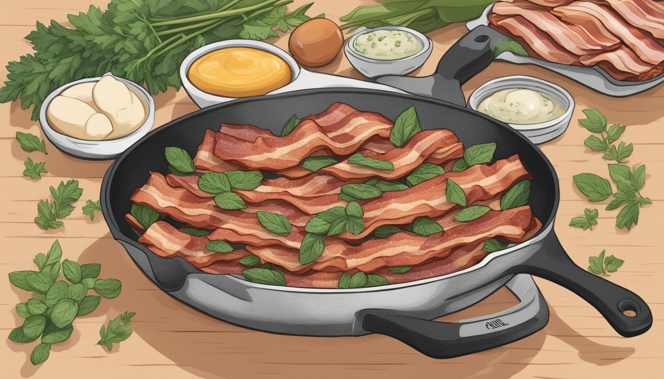 A sizzling skillet with six strips of bacon, surrounded by fresh herbs and a label reading "Applegate Naturals No Sugar Bacon."