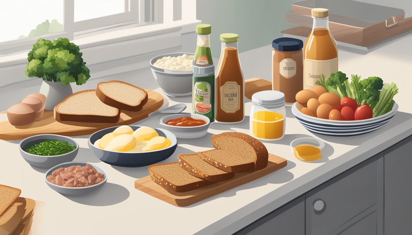 A kitchen counter with a variety of whole grain bread, lean meats, eggs, and fresh vegetables, alongside a selection of low-sugar spreads and condiments