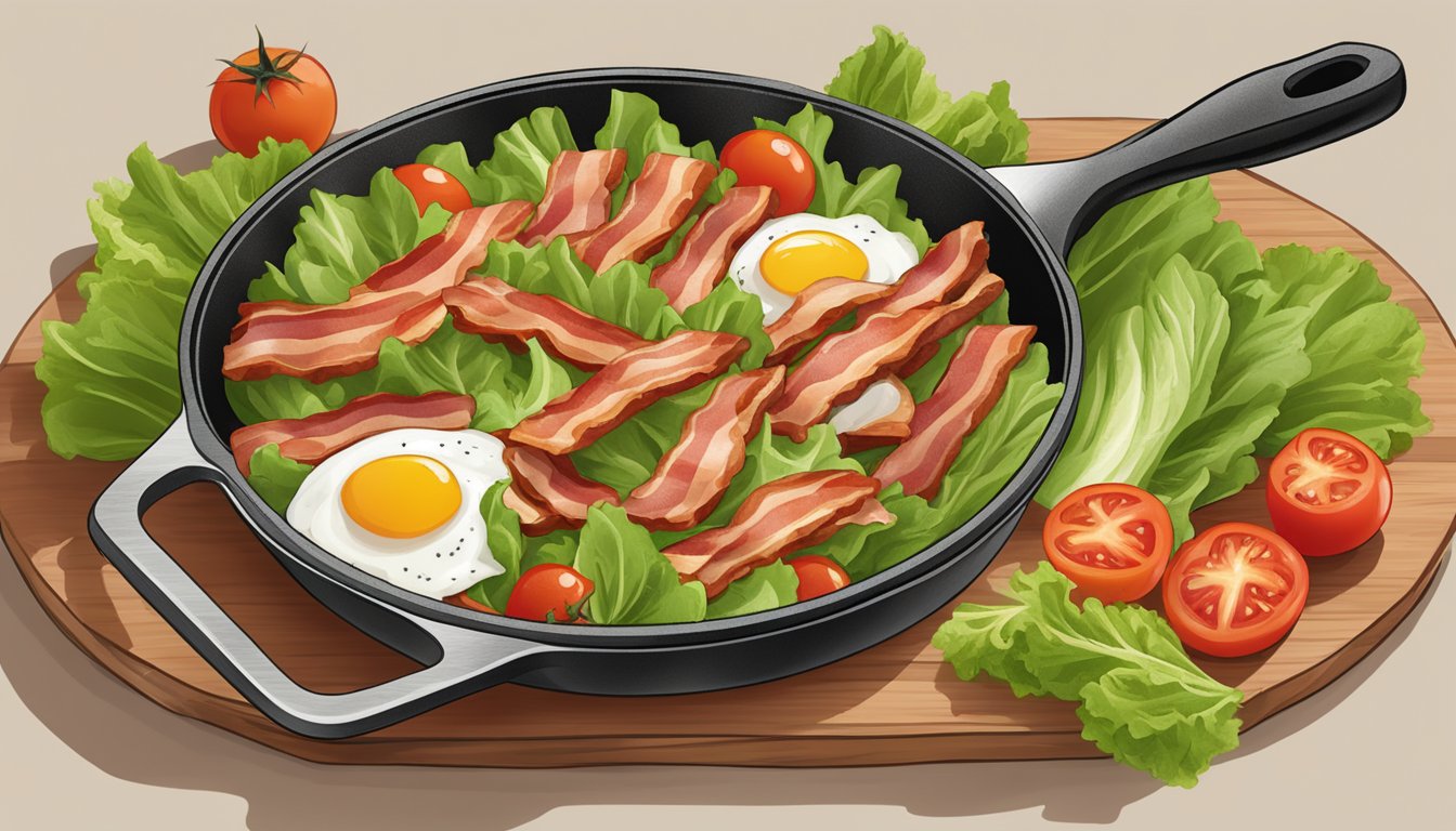 A sizzling skillet with strips of Niman Ranch No Sugar Uncured Bacon surrounded by fresh ingredients like tomatoes and lettuce