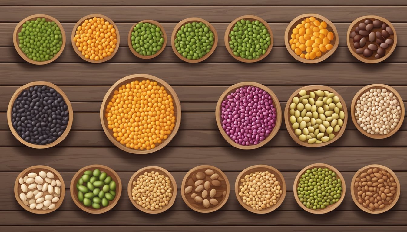 A variety of colorful, uncooked legumes arranged in a circular pattern on a wooden table