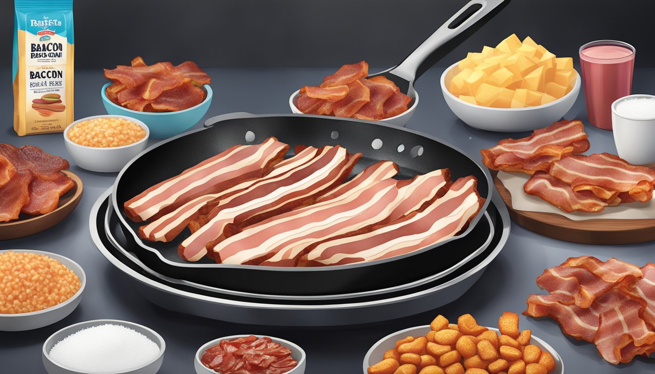 A sizzling skillet with thick-cut butcher's bacon surrounded by 6 different packages of sugar-free bacon options