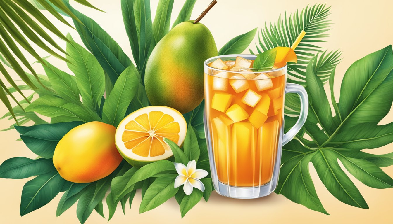 A refreshing glass of Brew Dr. Organic Island Mango Iced Tea surrounded by vibrant mangoes and tropical leaves