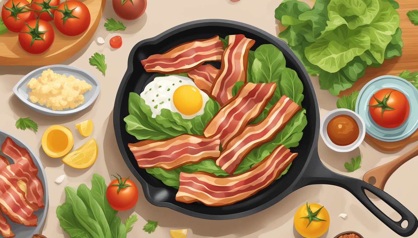 A sizzling skillet with six strips of Beeler's No Sugar Uncured Bacon, surrounded by ingredients like tomatoes and lettuce, with a banner reading "6 best sugar-free bacon options for diabetics."