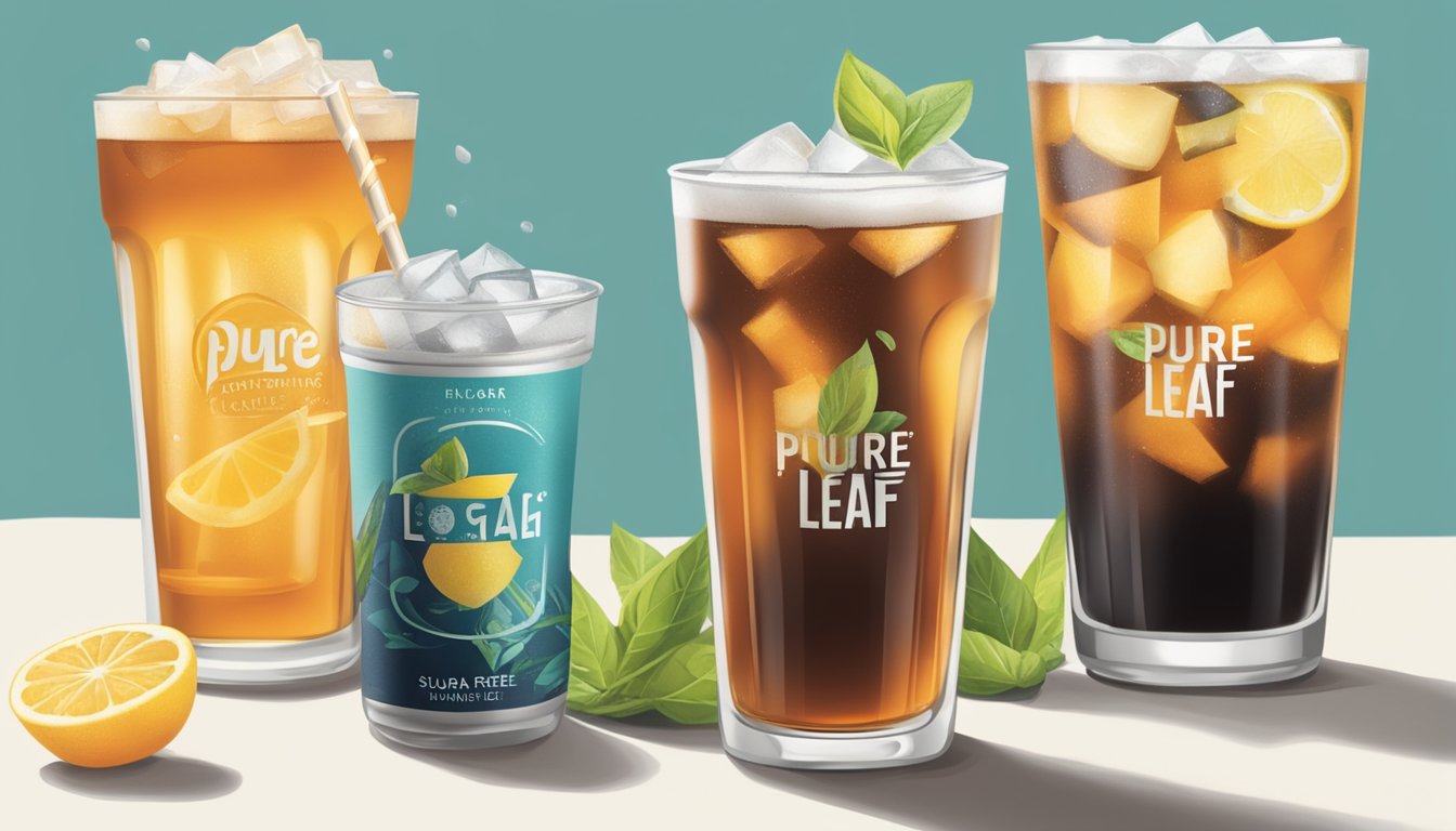 A refreshing glass of Pure Leaf Unsweetened Black Tea surrounded by four other iced tea brands, all labeled as sugar-free, on a clean, modern tabletop