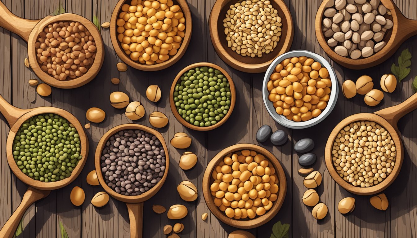 A colorful assortment of pinto beans, lentils, and chickpeas arranged on a rustic wooden table, with natural light casting soft shadows