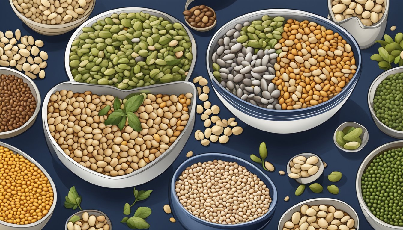 A bowl of navy beans surrounded by a variety of other legumes, all arranged in a visually appealing and appetizing manner